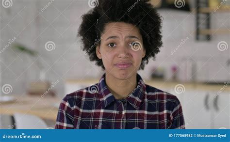 The Portrait Of African American Woman Saying No With Head Sign Stock