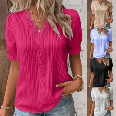 Womens Vneck Pullover Loose T Shirt Short Sleeve Ladies Base Tops