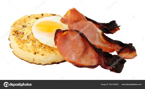 Fried Egg Smoked Bacon Rashers Large English Crumpet Isolated White