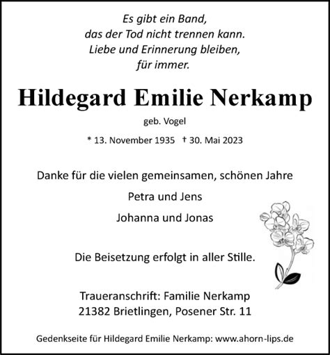 Traueranzeigen von Hildegard Emilie Nerkamp Trauer Lüneburg de