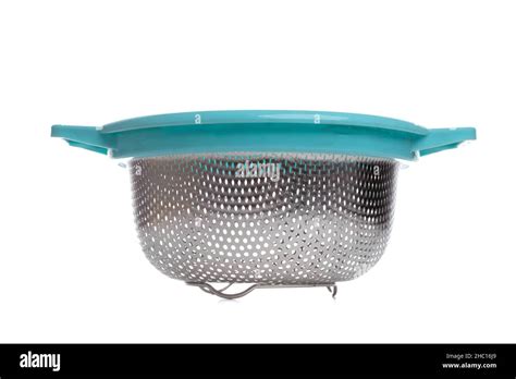 Aluminum Colander Sieve Stand With Legs And Blue Border On White