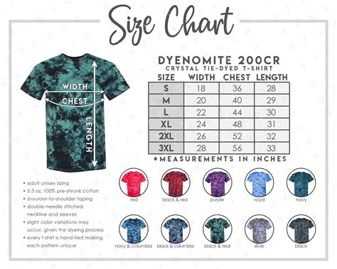 Dyenomite 200CR Size Color Chart Dyenomite Crystal T Shirt Size Chart