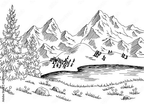 Mountain lake graphic black white landscape sketch illustration vector ...