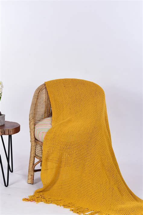 Mustard Yellow Cotton Throw Blanket X Boho Hand Etsy