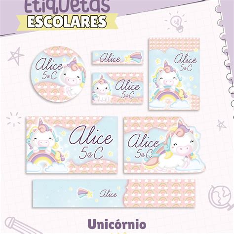 Kit Etiqueta Escolar Vinil Unicornio Elo