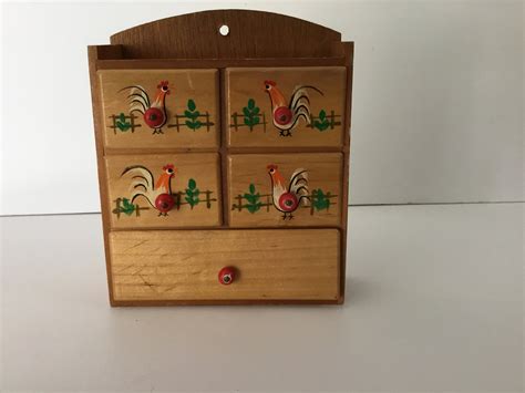 Vintage Wooden Sewing Notions Box 5 Drawer Organizer Rooster Design Etsy