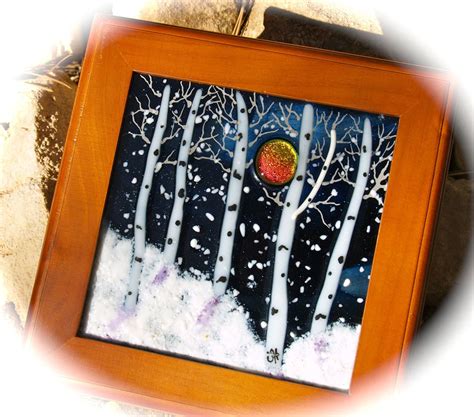 Winter Night Dichroic Moon Fused Glass Wood By JudiHartmanGLASSART