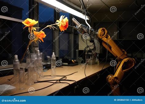 Biohybrid Robot Arm Manipulating Lab Equipment Stock Illustration