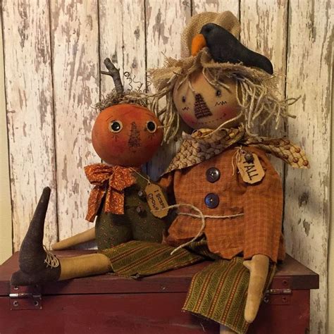 Primitive Doll Folk Art Scarecrow And Pumpkin Ornie Fall Ooak Hang Tag Prim Crow Primitive