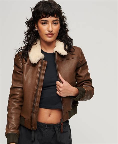 Superdry Veste en cuir à col en peau lainée Femme Automne edit pour