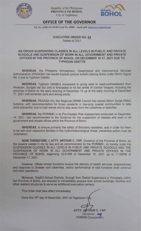 Guv Orders Suspension Of Classes Work In Bohol For 2 Days Bohol Tribune