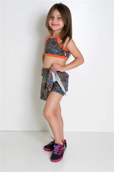 Conjunto Infantil Top Short Saia Ondulado Laranja Kaisan