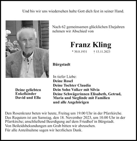 Traueranzeigen Von Franz Kling Trauerportal Ihrer Tageszeitung