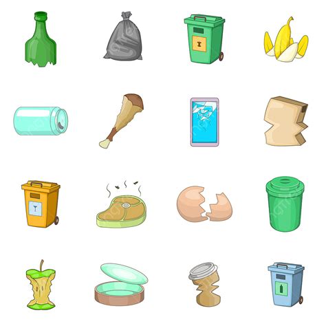 Garbage Items Icons Set Cartoon Style Style Icons Cartoon Icons