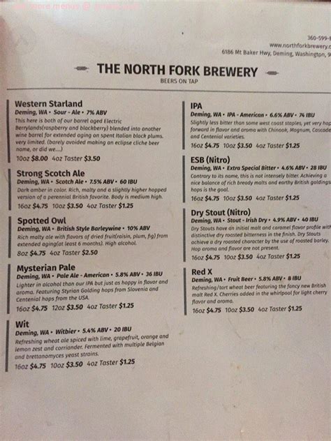 Menu At North Fork Brewery Pizzeria Maple Falls