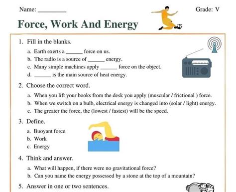 Force Work And Worksheet Understanding And Applying Force Concepts