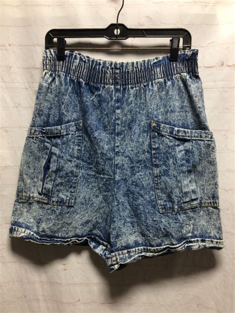 Acid Wash Denim Shorts W Elastic Waist Large Front Pockets