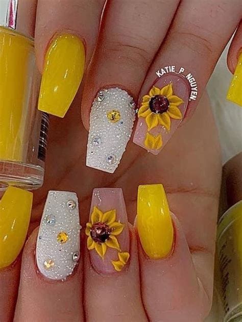 45 Cute Sunflower Nails Perfect For Adding A Pop Of Color Sunflower Nails Sunflower Nail Art