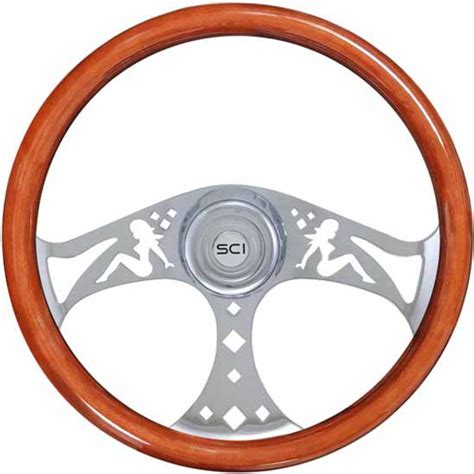 18 Inch Chrome 3 Spoke Mud Flap Girl Wood Steering Wheel Kit For