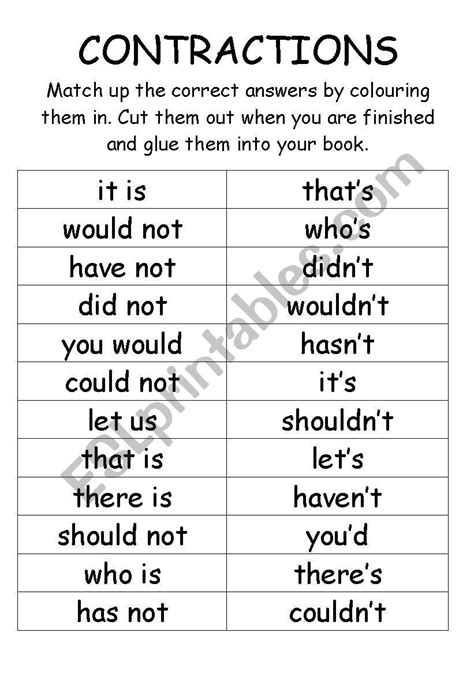 English Worksheets Contractions Cut And Paste