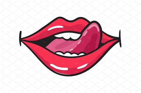 Comic Female Red Lips Sticker Vector Graphics ~ Creative Market