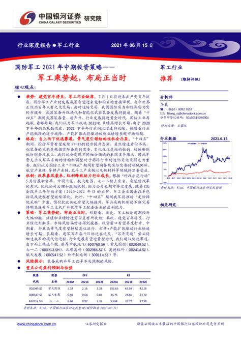 国防军工行业2021年中期投资策略：军工乘势起，布局正当时