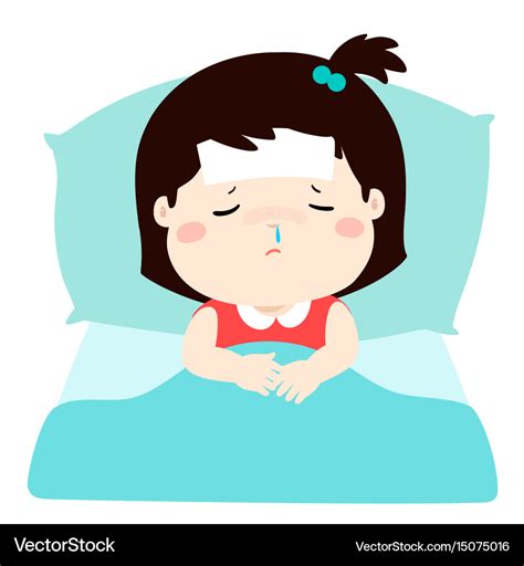 Little sick girl in bed cartoon Royalty Free Vector Image