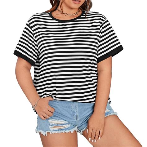 Casual Striped Round Neck Plus Size T Shirt Short Sleeve Black