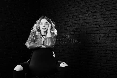 Studio Portrait Of Blonde Girl In Red Leather Jacket Stock Photo Image Of Desire Cute