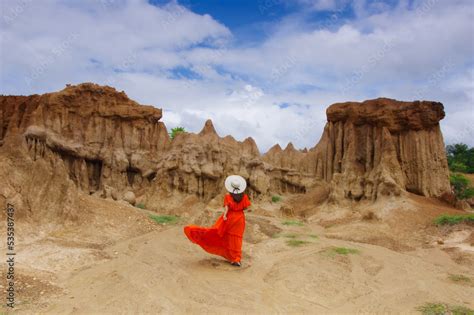 Women And Landscape Of Soil Textures Eroded Sandstone Pillars Columns