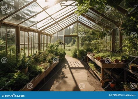 A Greenhouse With A View Of A Lush Green Forest Stock Illustration