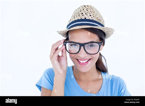 Happy Brunette Woman Holding Her Eyeglasses Stock Photo Alamy
