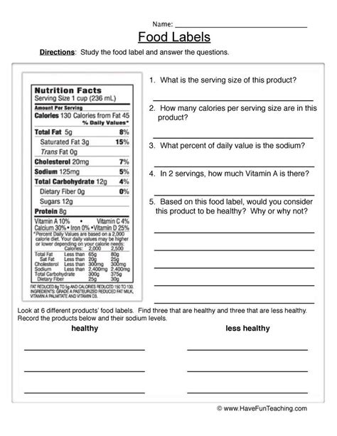 Comparing Food Labels Worksheet Pdf