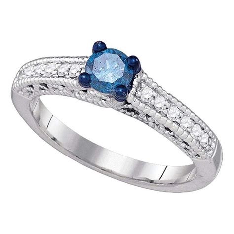 10kt White Gold Womens Round Blue Color Enhanced Diamond Milgrain