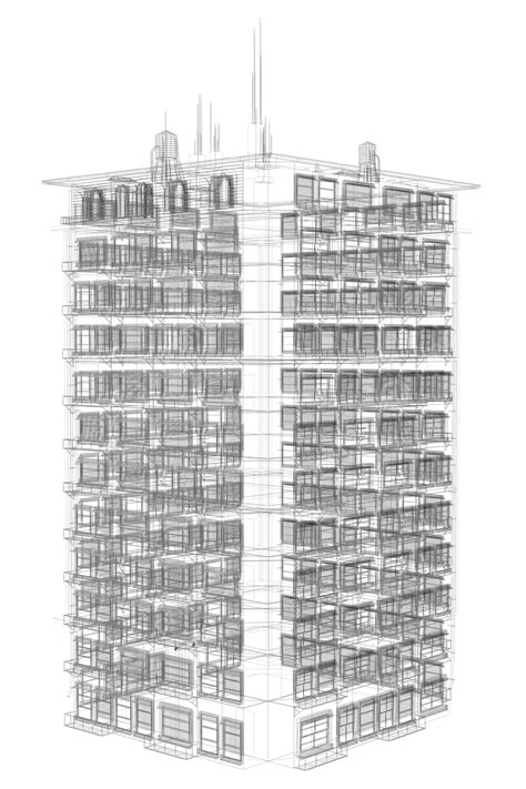 Highly Detailed Building Wire Frame Render Perspective Building Wire