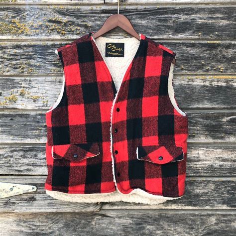 Vintage Buffalo Plaid Red Black Vest Sherpa Lined 60s Rockabilly Retro