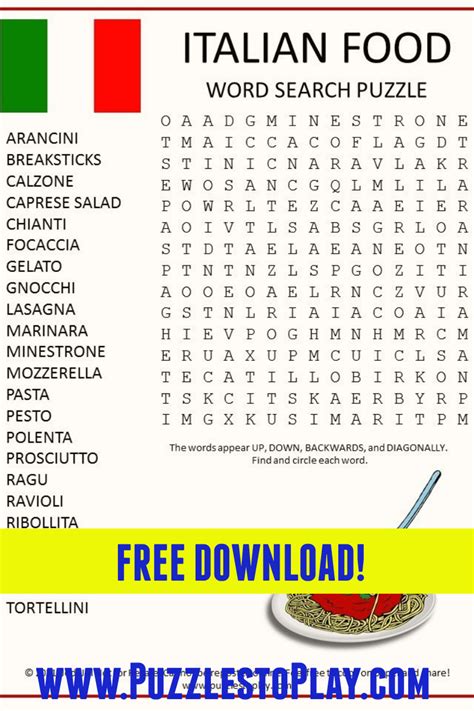 Italian Food Word Search Puzzle Free Printable Worksheet Game