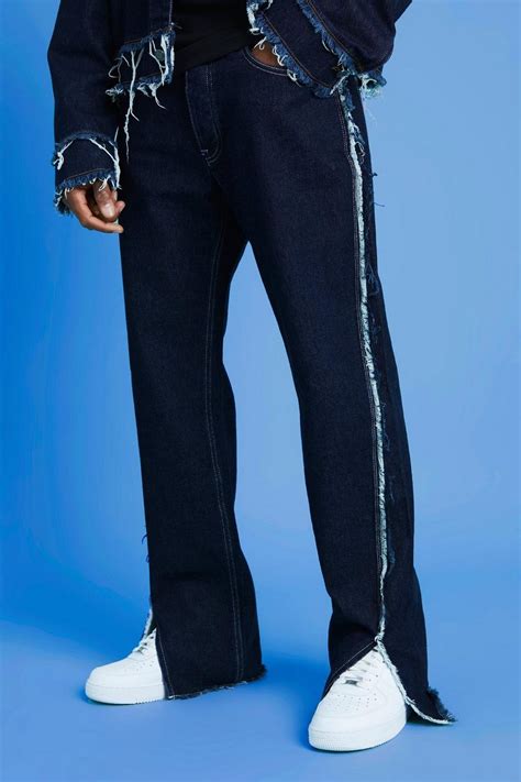 Relaxed Fit Frayed Seam Jeans With Split Hem Boohoo Uk