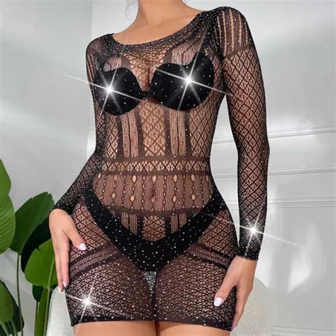 Lingerie Mini Vestido Arrastão Strass Sensual Sexy Langerie