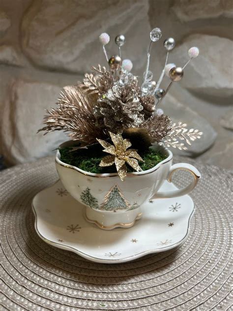 Golden Christmas Teacup Etsy In 2024 Christmas Tea Pine Cone