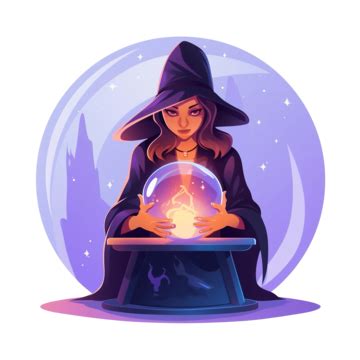 Witch Is Conjuring By Magic Crystal Ball Halloween Cartoon Interior