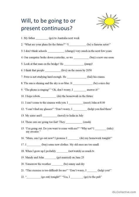 Will To Be Going To Or Presen English Esl Worksheets Pdf And Doc