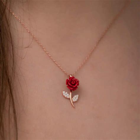 Rose Gold Red Rose Necklace Red Rose Necklace For Women Romantic Necklace Rose Pendant