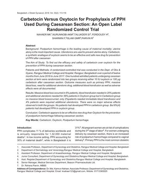 Pdf Carbetocin Versus Oxytocin For Prophylaxis Of Pph Used During Caesarean Section An Open