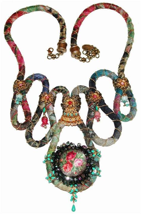 Michal Negrin Fabric Necklace Roses Beads Victorian Boho Handmade