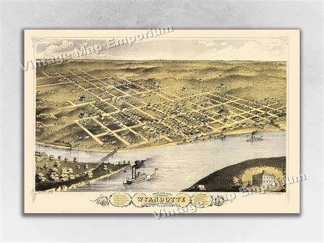 Wyandotte Kansas Map Panoramic Old City Map Historic Birds Eye