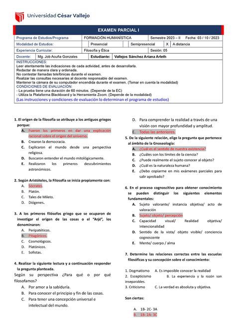 Examen Parcial I Filosofía y Ética ok EXAMEN PARCIAL I Programa de