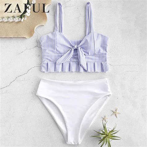 Zaful High Cut Two Tone Knotted Bikini Set Bathing Suit Tankini Push Up