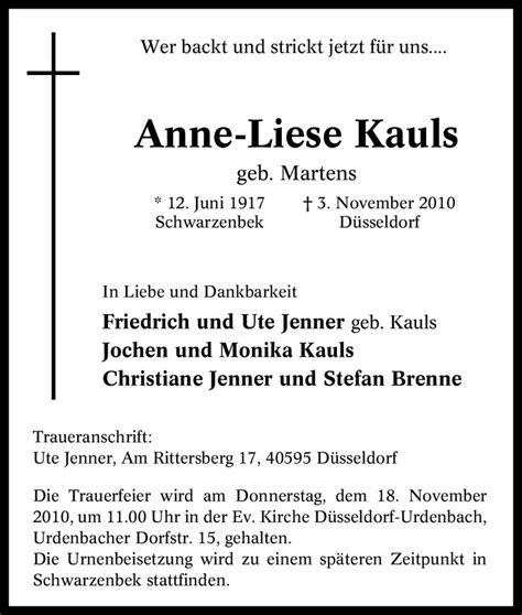 Traueranzeigen Von Anne Liese Kauls Trauer In Nrw De