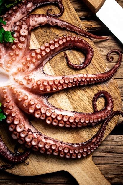 Hermoso Pulpo En Una Tabla Para Cortar Foto Premium